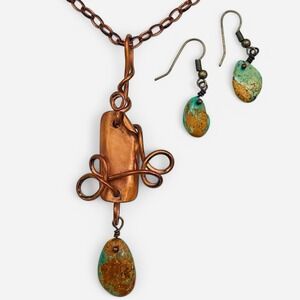 Metalifics Artisan Necklace Earrings Copper Wire Raw Turquoise‎ Handcrafted